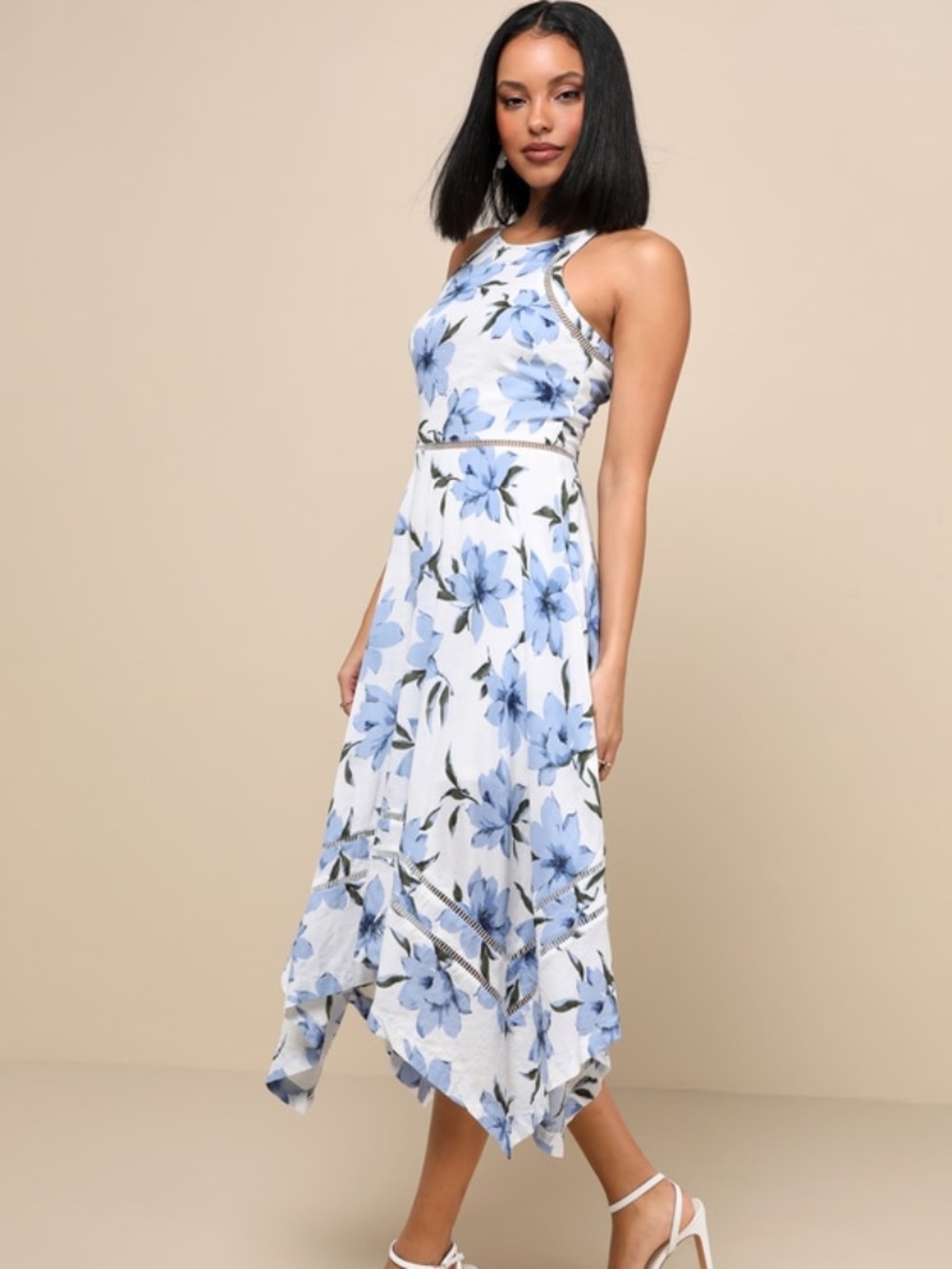 Lulus Zahara Blue And White Floral Print Midi Dress - Size M
